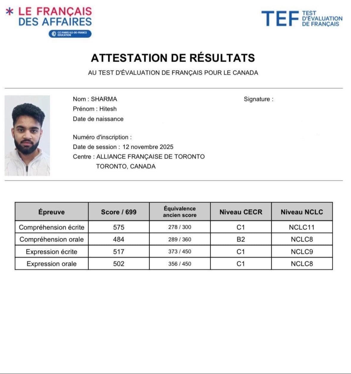 Hitesh Angrish's official TEF Canada Attestation de Résultats